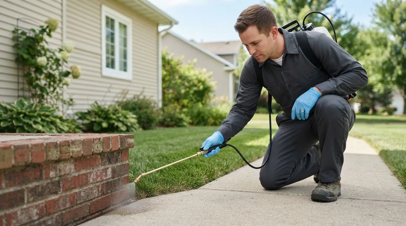 Pest control technician treating a home near New Philadelphia, OH