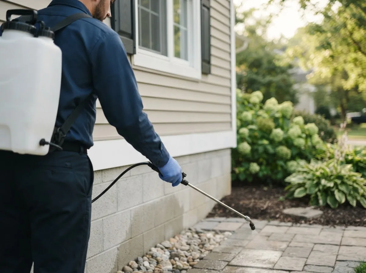 Pest control technician inspecting a home in New Philadelphia, OH